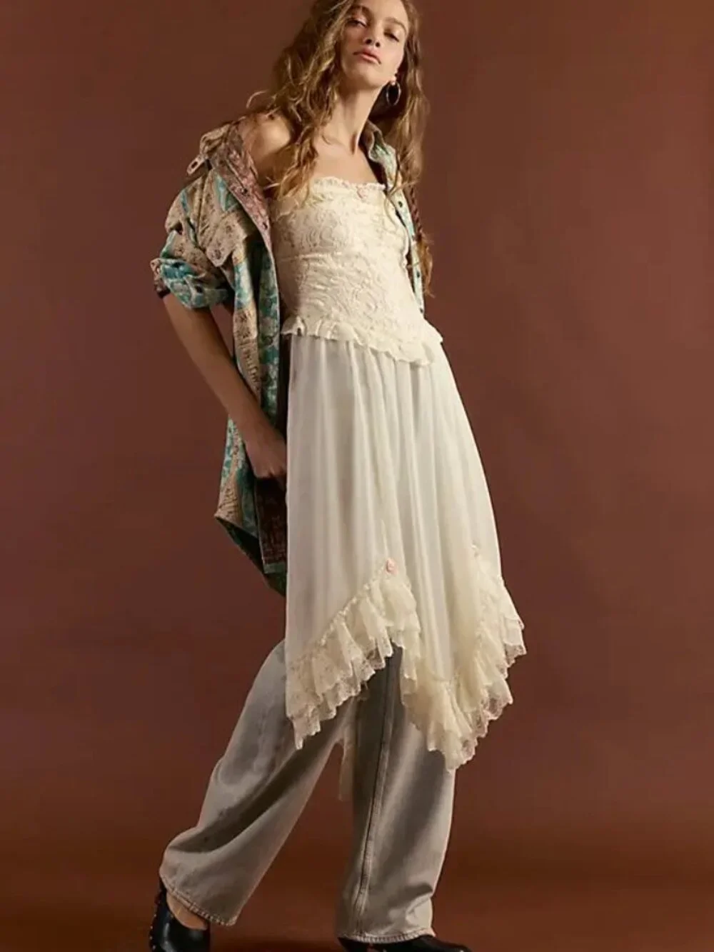 Free People Jocelyn Maxi Tunic Festival Cottagecore Sheer Lace Dress Rosettes M